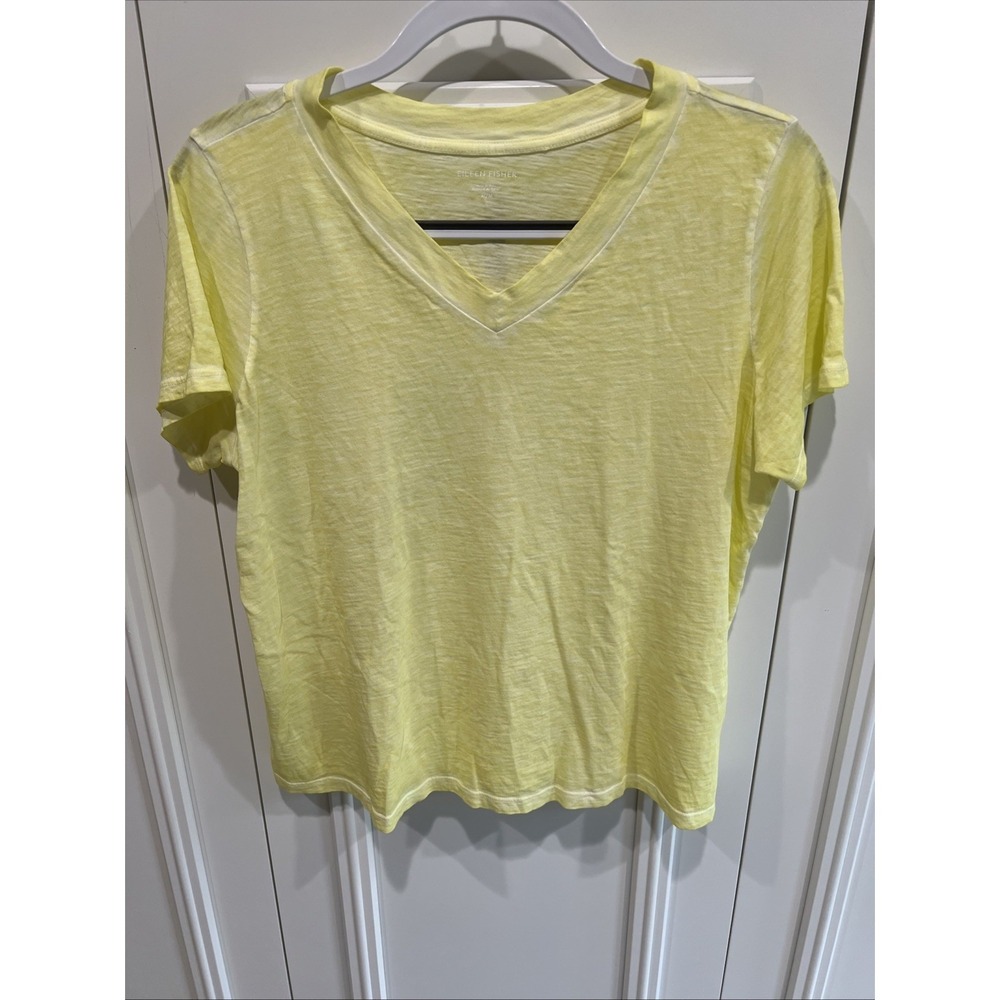 Eileen Fisher Yellow Organic Cotton Short Sleeve T Shirt Size Medium V Neck